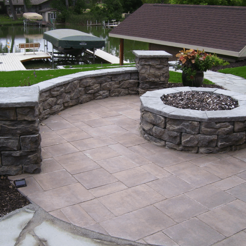 Rundle brown and Limestone Seat Wall Fire Pit